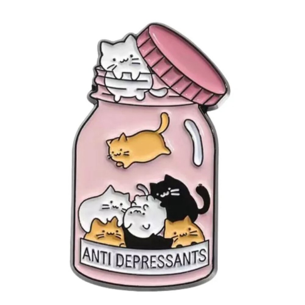 Cute Cat Enamel Lapel Pin "Anti Depressants" Design